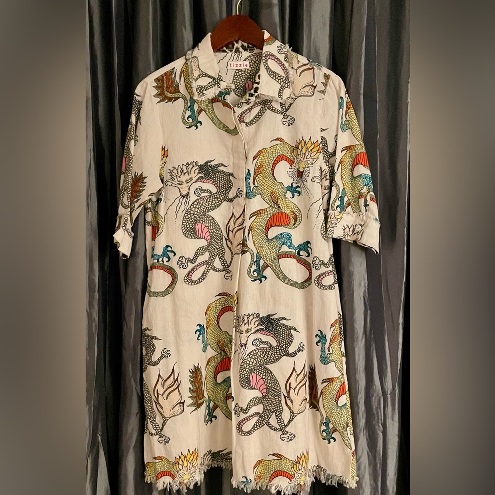 Tissie cream, multi colored oriental contrast, print mock V dress